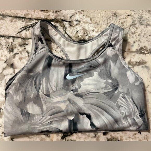 Nike Women's Abstract Gray Sports Bra with a gorgeous baby blue Nike Emblem - Picture 1 of 3